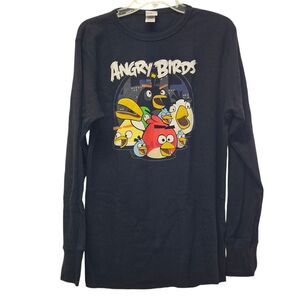 Angry Birds Crewneck Long Sleeve Tee Top Mens XL Black Thermal T-shirts